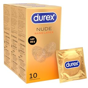 Durex - Lot de 30 Préservatifs Nude Sans Latex - Taille Standard - Convient aux personnes allergiques au latex - 3x10 pièces