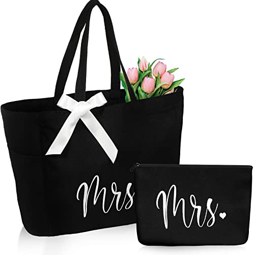 Cunno Bride Tote Bag with Makeup Bag, MRS Polyester Set for Women, Large Black, Wedding Gifts