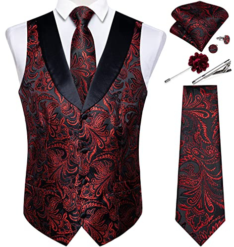 DiBanGu Herren-Anzugweste mit Paisleymuster, Seiden-Jacquard-Weste und Krawatte, formeller Schalkragen, Kleid, Weste, 7-teilig, für Hochzeitsfeier, rot / schwarz, Small