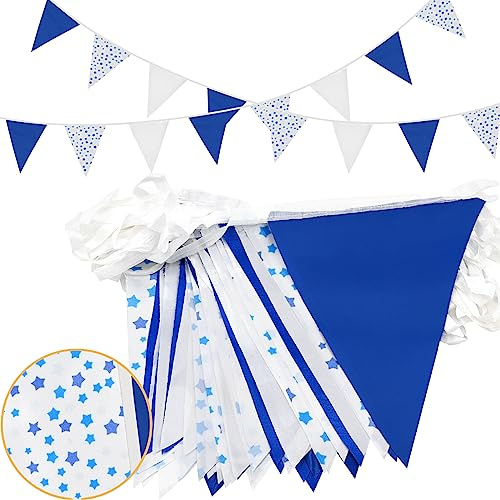 Topeedy Blau-weiße Wimpelkette mit Sternen, 1,8 m, 52 Stück, dreieckige Flaggen, Wimpel für drinnen und draußen, Geburtstag, Hochzeit, Verlobung, Party, Dekoration ..