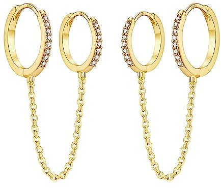 Chain Earrings for Women - 925 Sterling Silver Gold Hoop Double Piercing Earrings Two Holes CZ Huggie Hoop Earrings Set Tassel Drop Link Cuff Cartilage Helix Earrings for Teen Girls Jewellery Gifts