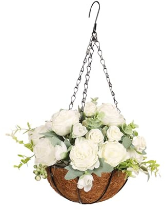Qianly Artificial Hanging Flowers in Basket Artificial Peony Flowers Outdoor Hanging Basket Garden Wedding Ornaments Chain Flowerpot Plants Decoration for Home Outdoors Garden Patio Porch, white