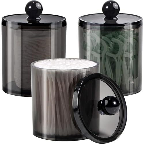 ALINK Kosmetik Organizer, 3 Stk Wattestäbchen Halter, schwarze Apothekergläser für Badezimmer, für Wattebausch,Wattestäbchen,Runde Wattepads,Zahnseide,Make-up-Schwämme,Haarspangen