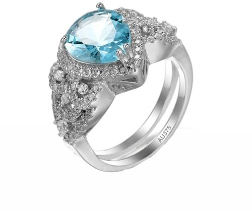 AMDXD Echt Gold Schmuck Partnerringe Weiß Gold Au375 9 Karat, Glanz Ring Trauringe mit Aquamarin Blau, Moissanit Eheringe 9K Gold, Gr.69 (22.0)