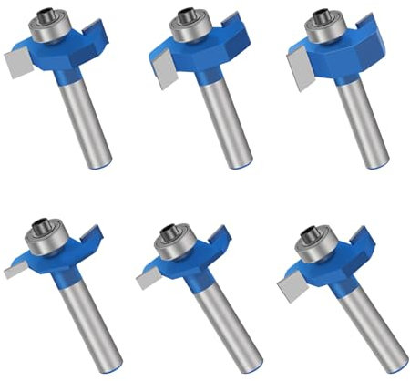 6 Pcs Rabbet Router Bit 1/4 Shank with 6 Bearings Set 1/2, 3/8, 5/16, 1/4, 5/32, 1/8 Cutting Height for Solid Wood Panels, Hardwoods, Chipboard, MDF