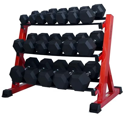 Strongway® Hex Dumbbells Set with Weights Storage Rack Stand 5KG-20KG Rubber Coated Cast Iron Weights - Gym Training Weight Lifting Exercise