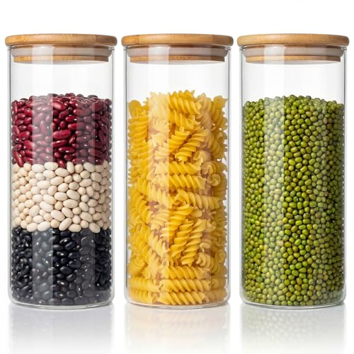 45oz - 3 Pack Glass Jars with Bamboo Lids, Glass Pantry Storage Containers with Airtight Lids, Round Air Tigh Food Storage Canisters for Cereal, Pasta, Flour, Sugar, Rice, Best for Kitchen Organizer