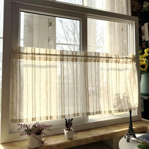 Vordesack Leinenoptik Scheibengardine mit Streifen Muster Retro-Stil Bistrogardine mit Stangendurchzug halbtransparente Kurzstore Küchengardine 1 Stück Natur HxB 30x70cm