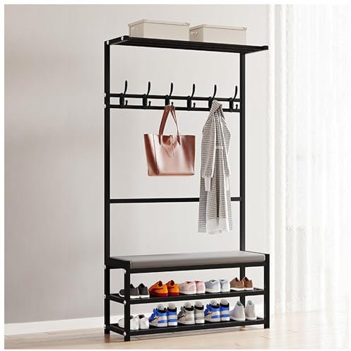 ZYDZ 4-in-1-Flurbaum mit weicher Polsterbank, Schuh- und Garderobenständer, freistehend, multifunktionaler Organizer für Zuhause (Schwarz, 75 x 26 x 160 cm)