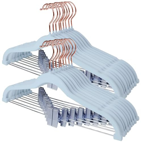 Stormix Hosenbügel 18er-Pack, 42cm Vevlt-Rockbügel mit Clips, Rutschfeste Kleiderbügel, Robuste Kleiderbügel für Shorts, Hosen, Röcke, Kleider, Jacken, Mäntel Blau (Rosengold-Haken)