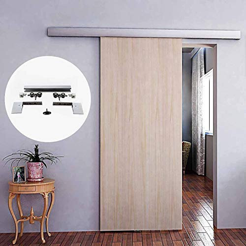 6.6ft Professional Aluminium Alloy Barn Sliding Door Hardware Kit Hidden Track System for Wood Door Frameless Brushed Silver Hanging Rail 5ft 8.2ft Size Option