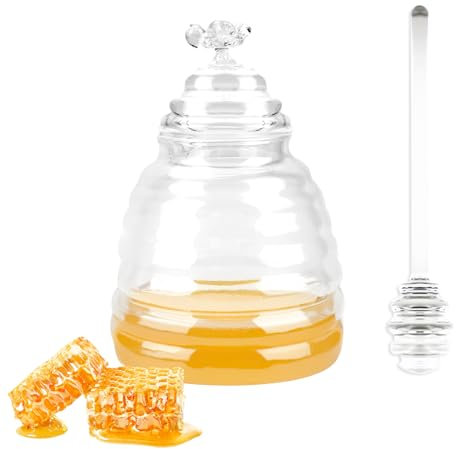 HAOTIAN-X Honigglas mit Schöpflöffel und Deckel, Honigspender aus Glas, klarer Honigbehälter, Kristallhonighalter zur Aufbewahrung von Honig und Sirup, Haus, Küche, Kaffeebar (17oz)