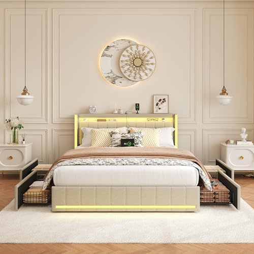 BPKADHY Polsterbett 140x200 mit LED, Doppelbett mit 4 Schubladen Stauraum und Kopfteil, Stauraumbett Jugendbett mit USB & Type-C, Bettgestell mit Lattenrost,Leinen in Beige, Ohne Matratze