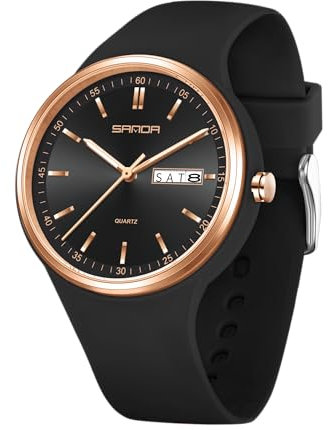 Yuxier Watches for Women Unisex Quartz Wristwatches Women's Sport Watch MInnimalist Casual Wristwatch with Soft Strap Double Calendar (Black Rose Golden)