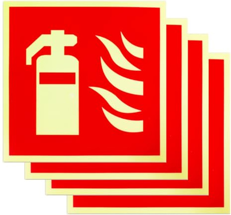 RAMGLYO 4 Stück Schild Feuerlöscher langnachleuchtend PVC selbstklebend nachleuchtend Hinweis Piktogramm Symbol Feuerlöscherkasten für Haus, Büro (150x150mm)