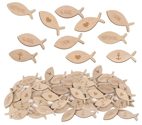100 Stück Kommunion Deko,Deko Kommunion,Tischdeko Kommunion Junge,Holz Streudeko Konfirmation,Tischdekoration mit Fischen Aus Holz,Geeignet für Tischdeko,Kommunionsdeko,Babyparty,DIY Deko