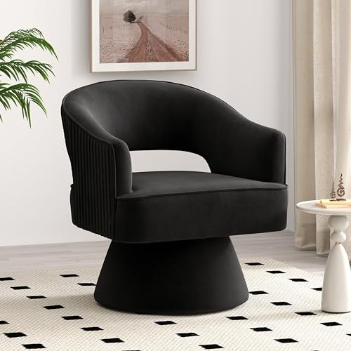 SEYNAR Mid-Century Modern Drehbarer Kuscheltonnen-Akzentsessel, 360-Grad-Drehbarer Runde Sessel, Gepolsterter Vanity-Stuhl, Gestreifter Samtsessel für Wohnzimmer, Schlafzimmer, Arbeitszimmer (Schwarz)