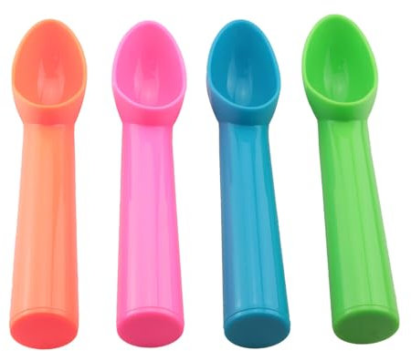 WELWIK 4 cucharas de plástico para helado, accesorios de cocina, cucharadas de sandía, naranja, verde, azul, rosa, para frutas, batidos, yogur, galletas
