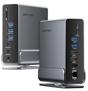 VENTION Station d'accueil USB C 15 en 1 Triple Moniteur pour Ordinateur Portable Dock USB C avec Double 4K@60Hz HDMI, 4K@60Hz DP, 10Gbps USB Ports, RJ45, Audio, SD/TF, PD100W