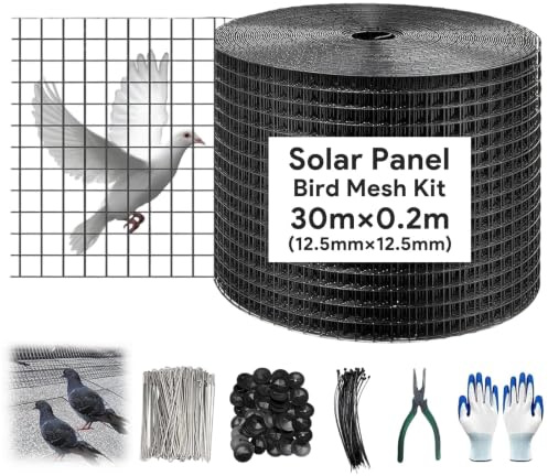 WUDLEP Vogelschutzgitter & 60 Befestigungsclip-Set, 30 m PVC-Vogelabsperrnetz zum Verhindern und Stoppen von Tauben, die unter dem Dach nisten, Solarzellen, Schwarz