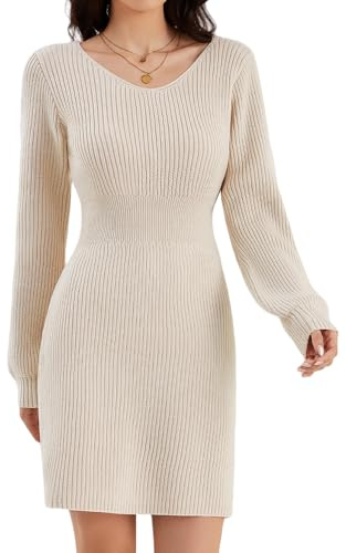 ZLIGXEA Frauen Strick Pullover Strickkleid Fall V-Ausschnitt Langarm Elegant Bodycon Winterkleid für Freizeitbekleidung Cocktail Partys Aprikose M