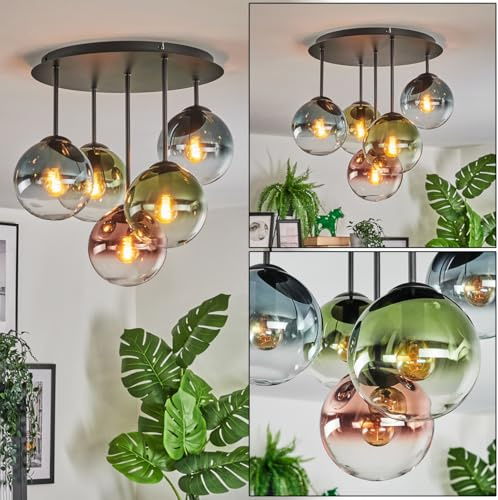 HOFSTEIN Deckenleuchte Gastor, 5-flammige Deckenlampe aus Metall/Glas in Schwarz/Blau/Grün/Kupfer/Klar, Leuchte im Retro/Vintage-Design (Schirme Ø 15 cm), E14, Esszimmer, Wohnzimmer, Schlafzimmer