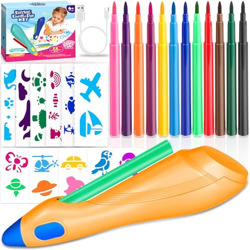 ZZXLOPEZ Kit Aérographe Électrique pour Enfants, Airbrush Set pour Enfants avec 12 Feutres et 30 Pochoirs, Aérographe Électrique Set Fille 6 7 8 9 10 Ans, Stylos de Peinture Lavables pour Art (Orange)