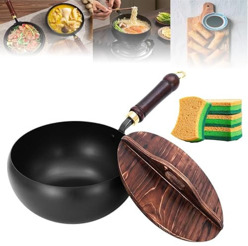 Unbeschichtete Gusseisenpfanne, Universalbratpfanne, handgeschmiedete antihaftbeschichtete Eisenpfanne mit Deckel, für alle Kocharten geeignet(24cm/Hammer Pattern)