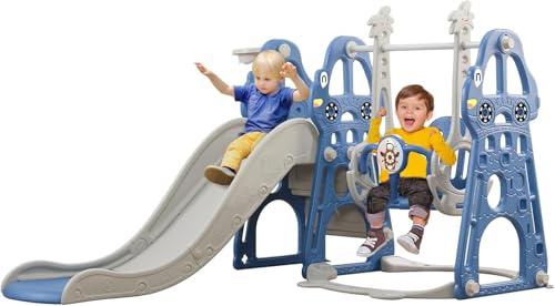YULEYU Kinderrutsche Outdoor Indoor, Kleinkindrutsche mit Schaukel und Basketball-Reifen, Baby rutsche kinderzimmer, babyrutsche gartenrutsche für Kleinkind, Blau