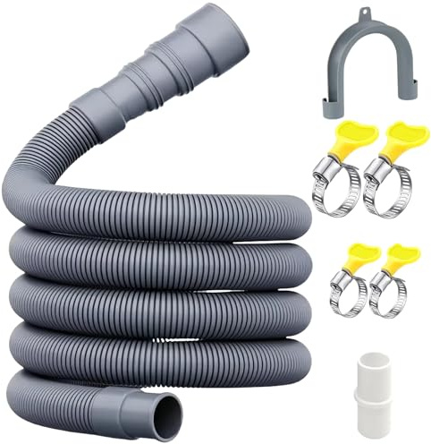16-FT Universal Washing Machine Drain Hose Kit – Extra-Long Flexible Corrugated Extension for Washer/Dishwasher/Dehumidifier | 7-Piece Set: U-Bend Bracket, 4 Stainless Clamps + Adapter