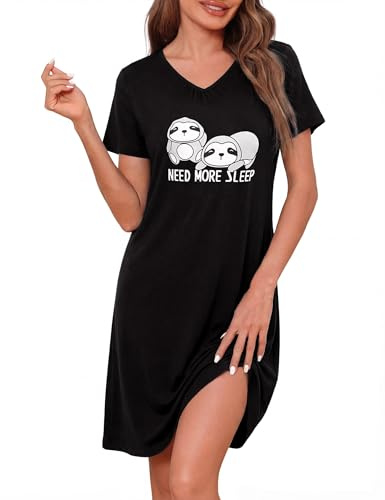 Uniexcosm Camisón Corto Mujer con Estampado Camisón De Mujer Cuello Redondo Ajuste Holgado Bata De Algodón Ropa De Dormir Vestidos Mujer,A-Negro-2,3XL