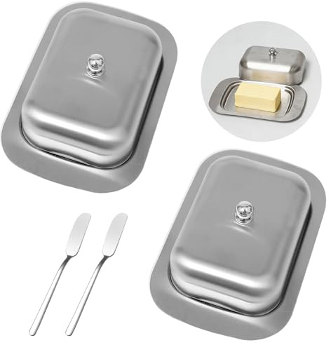 Bofanze 2 Stück Butterdose Edelstahl Butterbehälter Klein Butter Dish Steel | für Butter, Desserts und Obst,Edelstahl, mit Krabber, mit Abdeckung
