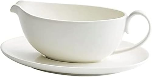 Salsera de porcelana blanca con bandeja, cerámica esmaltada a alta temperatura, platillo para salsa, hecho a mano, útil, práctico, gourmet, vertedor de salsas
