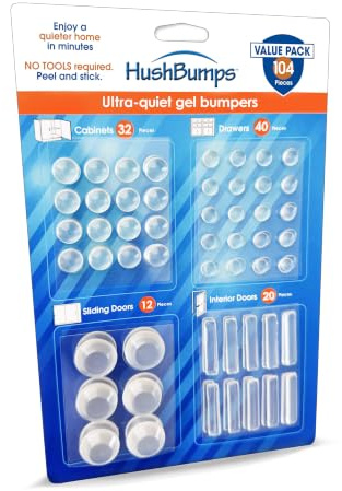 HushBumps Ultra-Quiet Gel Bumpers – 104 Piece Variety Pack – Multi-Layer Polyurethane Absorbs Shock & Dampens Sound – Protect & Quiet Cabinets, Drawers, Interior Doors & Sliding Doors