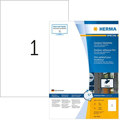 HERMA 9543 Wetterfeste Folienetiketten, 40 Blatt, 210 x 297 mm, 1 pro A4 Bogen, 40 Stück, selbstklebend, bedruckbar, matt, blanko Outdoor Klebeetiketten Aufkleber aus Polyethylen, weiß