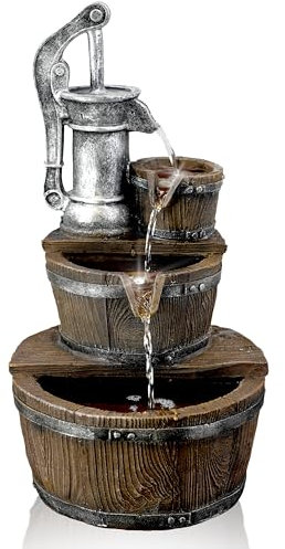 GEEZY Garden Water Feature – Pump Barrel Fountain with LED Lights – Mains Powered, Self-Contained, Indoor & Outdoor – Easy Setup, Cascading & Tranquil – Great for Garden, Home, Patio & Balcony Decor