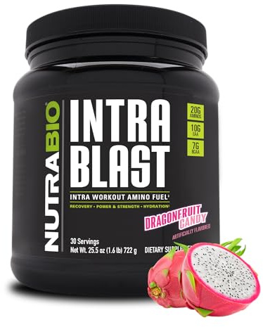 NutraBio Intra Blast Bcaa Powder Amino Acid Supplement, Electrolyte & Hydration Blend, Intra, Pre Workout & Muscle Recovery, 20g Eaa Amino Acids Powder, 5g Glutamine- Dragonfruit Candy, 30 Serving