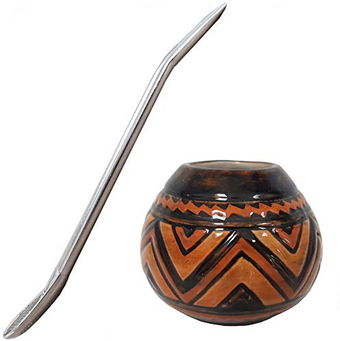 Gaucho Bruno Set Tazza per Yerba Mate e Cannuccia Tazza stile Zucca a Fiasco Tribale in Ceramica, Cannuccia Bombilla in Acciaio Inossidabile