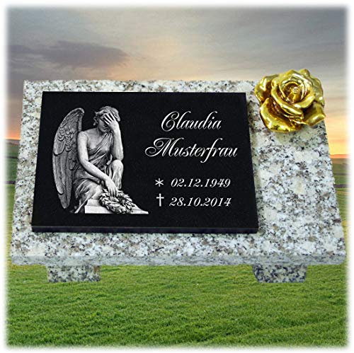 LaserArt24 Granit Grabstein, Grabplatte oder Grabschmuck mit dem Motiv Engel-gg72s und Ihrem Text/Daten