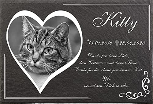Tiergrabsteine mit Bild und Text Herzgravur für Katzen, Gedenksteine für Tiere mit personalisierter Gravur Katzen, Hunde, Haustiere Gedenksteine aus Naturschiefer 30x20 cm