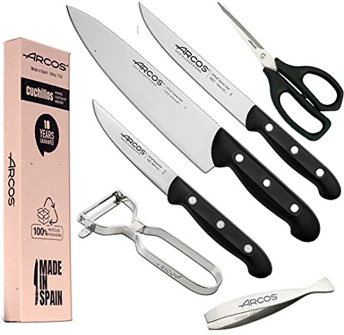 Arcos Juego Cuchillos Cocina cuchillos | Cuchillo profesional | 6 piezas | Chef 215 mm + Cocina 150 mm, Verduras 100 mm + Tijera cocina + Pelador de fruta y verdura + Pinza para pescado