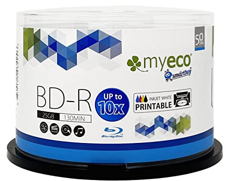 50 Pack Myeco Bd-r BDR Blu-ray 25gb Upto 10x White Inkjet Hub Printable Blank Data Recordable Media Disc with Cakebox/Spindle Packing