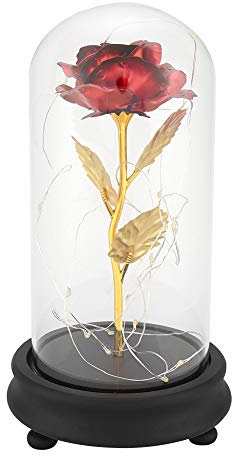 Joyzan Künstliche Blumen-Rosen-Geschenk, Blattgold-Rosenlicht mit Glasabdeckung, dauerhaft in Kuppelglas konserviert, zum Jubiläum, Thanksgiving, Valentinstag, Muttertag, Geburtstag(rot)