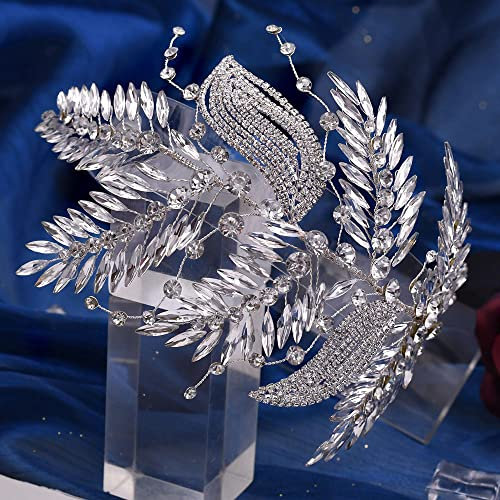 Haarschmuck Damen Silber Strass Kopfschmuck Hochzeit Braut Haarreif Blatt Brautschmuck Haare Brautschmuck Mädchen Brautjungfer Geschenk(lang 22cm/8.66inch)