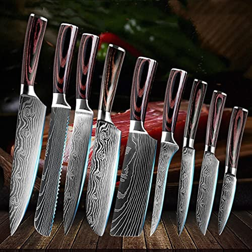 9pcs / set Cuchillo de cocina Conjunto de cuchillos Damasco Patrón de acero inoxidable Cuchillos Santoku Slicar Chef Cuchillo de carne Cuchillo Regalo (Color : 9PCs Knives)