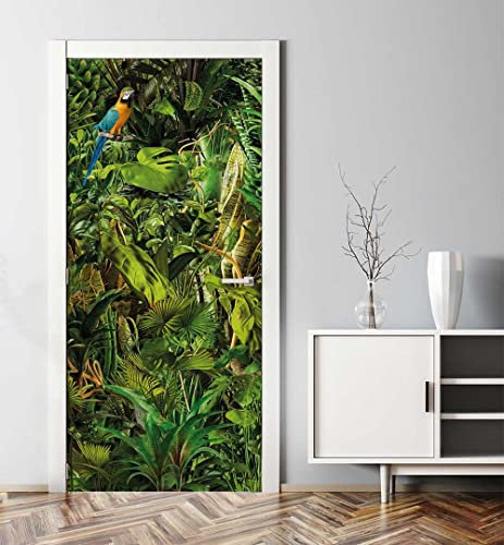 MyMaxxi - Tür bekleben mit Türtapete Türposter Türfolie Selbstklebend 90x200 Dschungel Papagei - Tür verschönern Türaufkleber Türklebefolie Tropisch Pflanzen grün