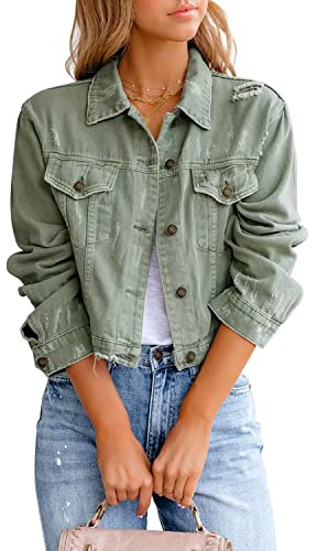 ZOLUCKY Chaqueta de mezclilla para mujer, desgastada, deshilachada, rasgada, casual, con botones, chaquetas ligeras, E Gris Verde, M