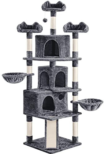 Yaheetech Albero Tiragraffi per Gatti Altezza 194 cm in Truciolato e Corda in Sisal con 3 Casette Rampa e Ceste Multilivello Grigio Scuro
