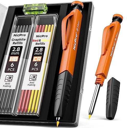 Nicpro Upgraded 3-IN-1 Carpenter Pencils Set with Finger Grip, 1Pcs Construction Pencil with 13 Refill & Mini Spirit Level, Deep Hole Marker Carpenter Tool, Mechanical Pencil for Architect Woodworking
