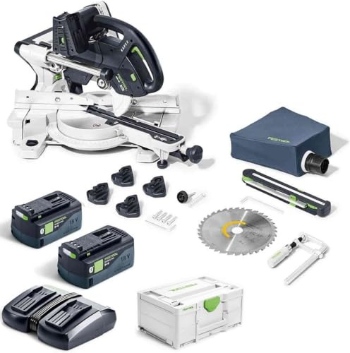 Festool Akku-Kapp-Zugsäge KSC 60 EB 5,0 I-Plus KAPEX (mit Kreissägeblatt, Schraubzwinge, LED-Schlaglicht, Winkelschmiege, Erhöhung, Staubfangbeutel, Innensechskantschlüssel, Energie-Set)